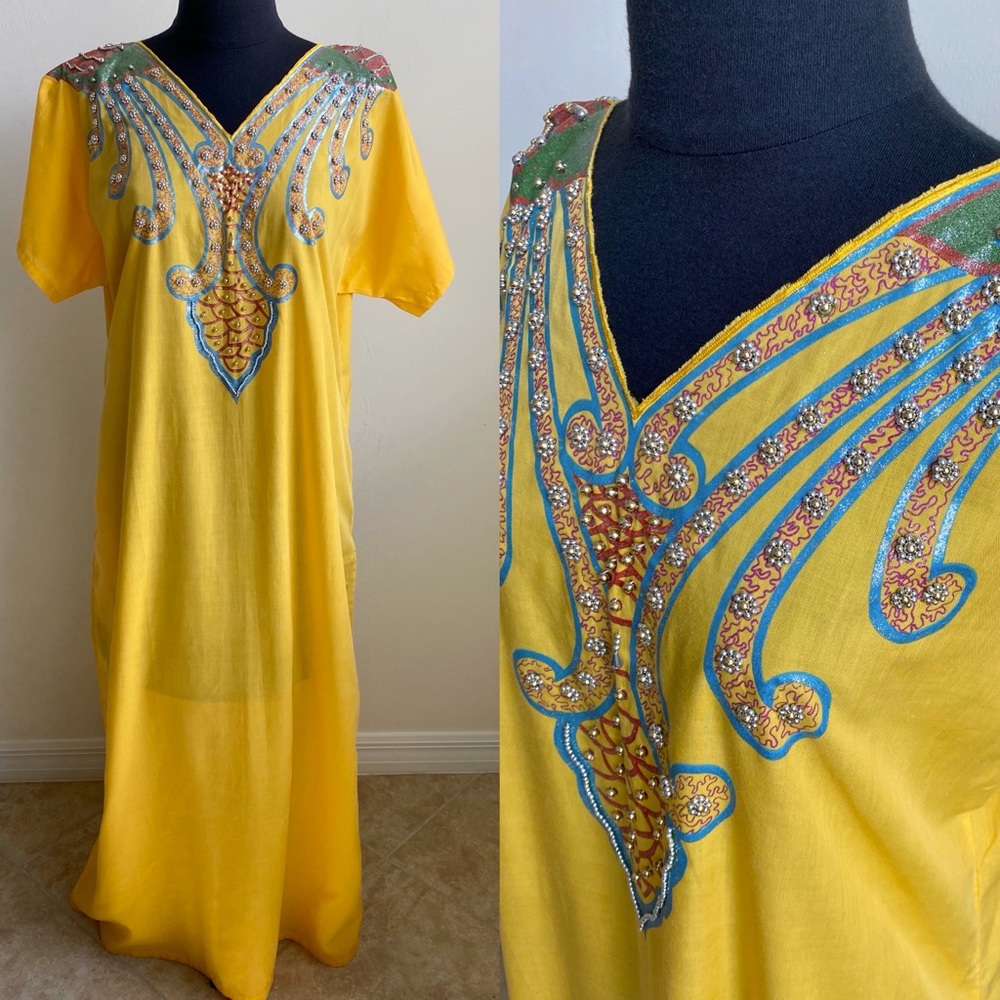 NEW Long Yellow Beaded Embellished Thai Tunic Dress Maxi